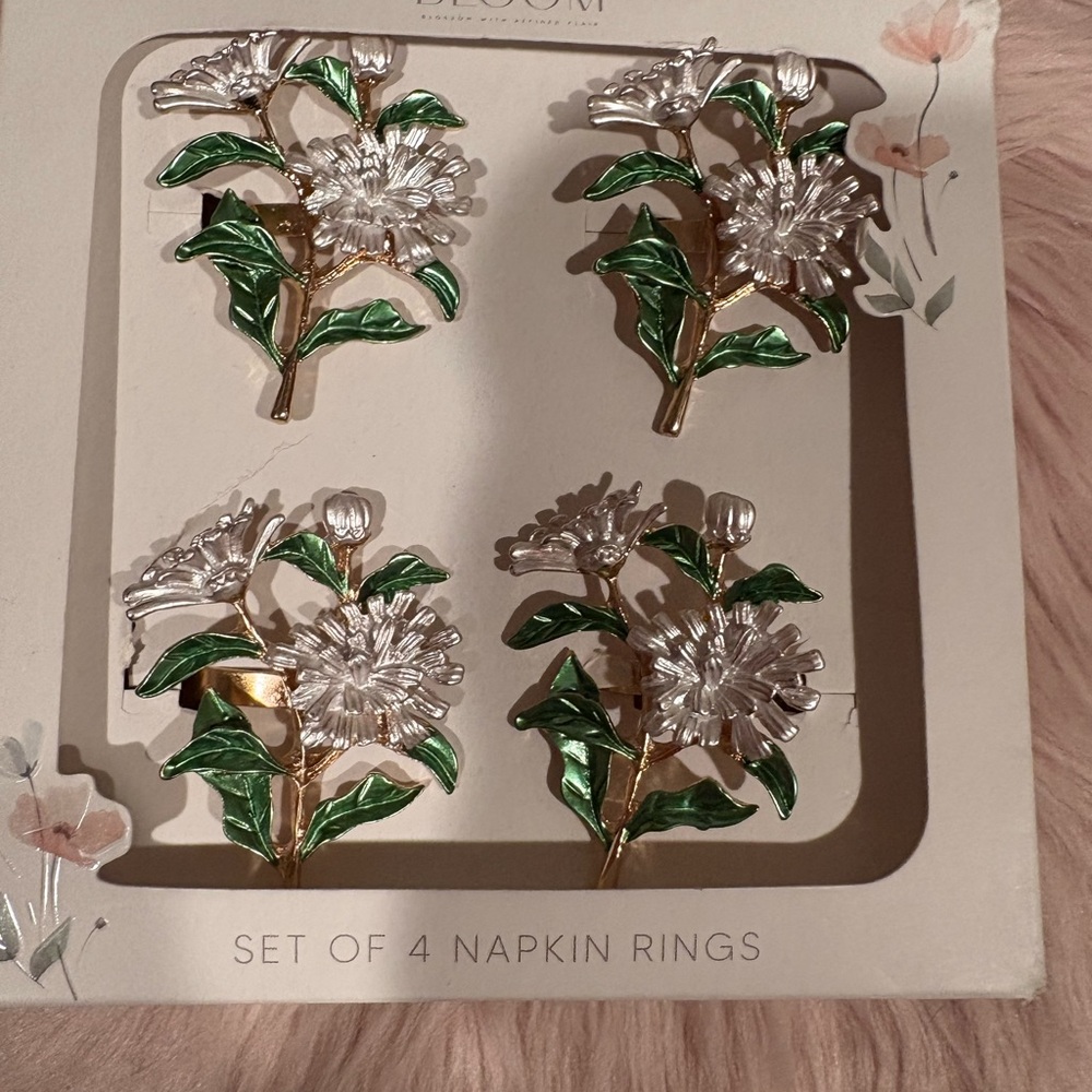 Bloom Gold and Green Floral Napkin Rings Set of Four
